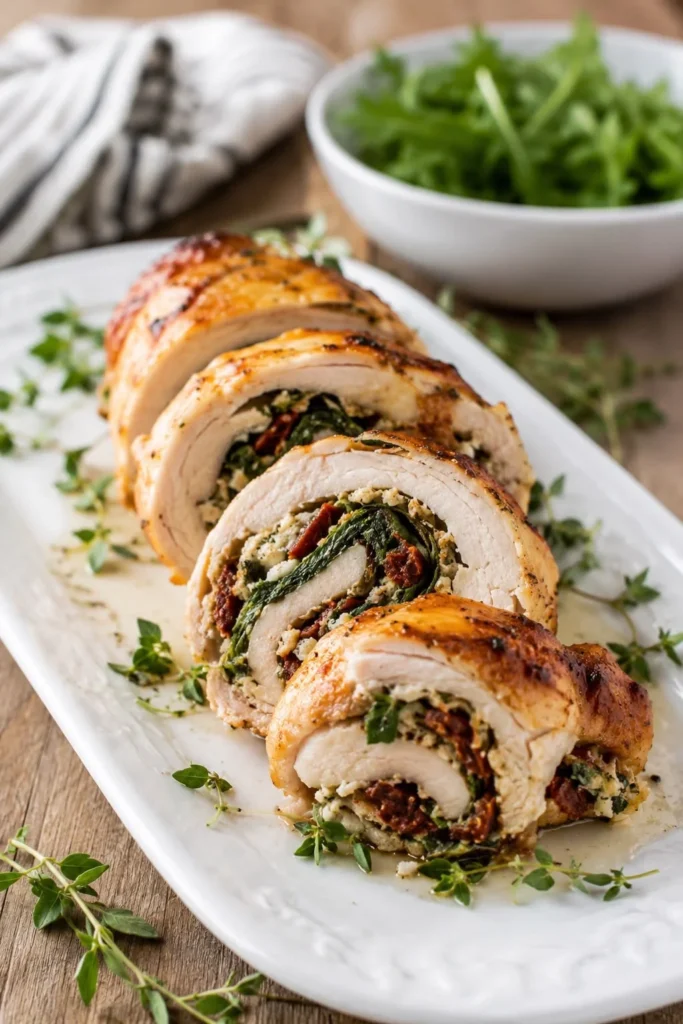 Chicken Roulade stuffed with feta & walnuts, Mashed Potatoes & Goat Cheese Salad